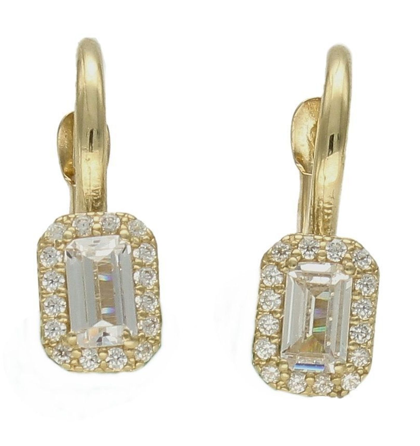 Złote kolczyki 375 wiszące prostokąty w cyrkoniach KL 11238 375. Delikatne kolczyki wysadzone cyrkoniami. Kolczyki zostały wykonane z najwyższej jakości próby żółtego złota 375. Kolczyki posiadają wygodne zapięcie na bigiel. Idealne.jpg